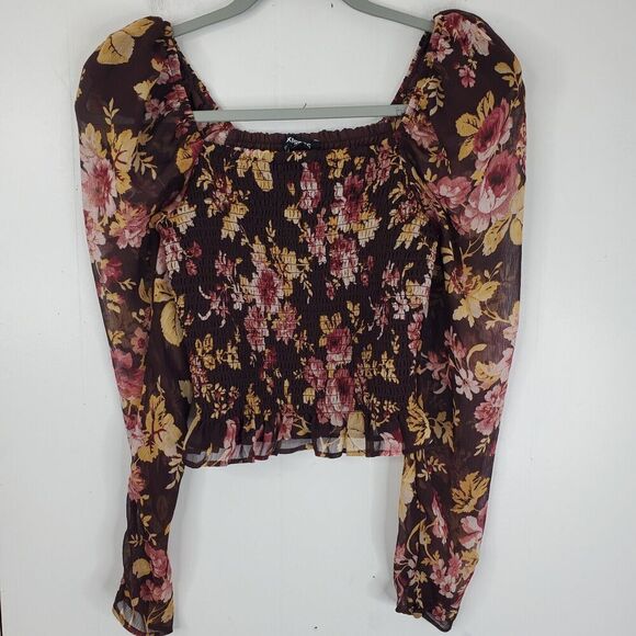 Express Blouse Puff Shoulder Sheer Sleeves Smocked Dark Cottagecore Womens XS - Picture 1 of 10